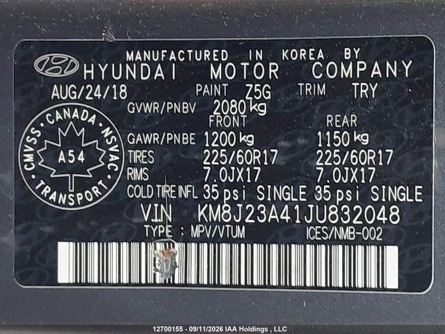 2018 Hyundai Tucson Se მანქანა იყიდება აუქციონზე, vin: KM8J23A41JU832048, აუქციონის ნომერი: 12700155