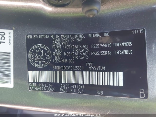12700165 :رقم المزاد ، 5TDDK3DC3FS125551 vin ، 2015 Toyota Sienna Xle 7 Passenger مزاد بيع