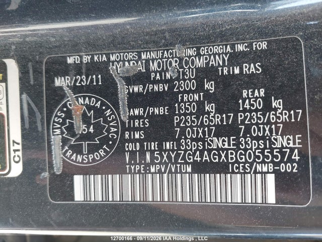 2011 Hyundai Santa Fe Gl 3.5 მანქანა იყიდება აუქციონზე, vin: 5XYZG4AGXBG055574, აუქციონის ნომერი: 12700166