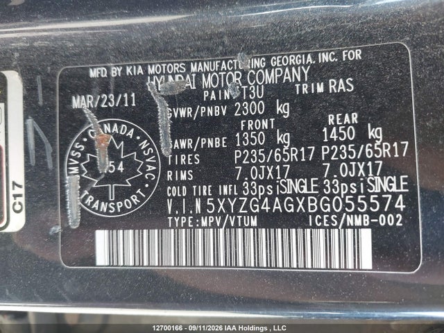 2011 Hyundai Santa Fe Gl 3.5 მანქანა იყიდება აუქციონზე, vin: 5XYZG4AGXBG055574, აუქციონის ნომერი: 12700166