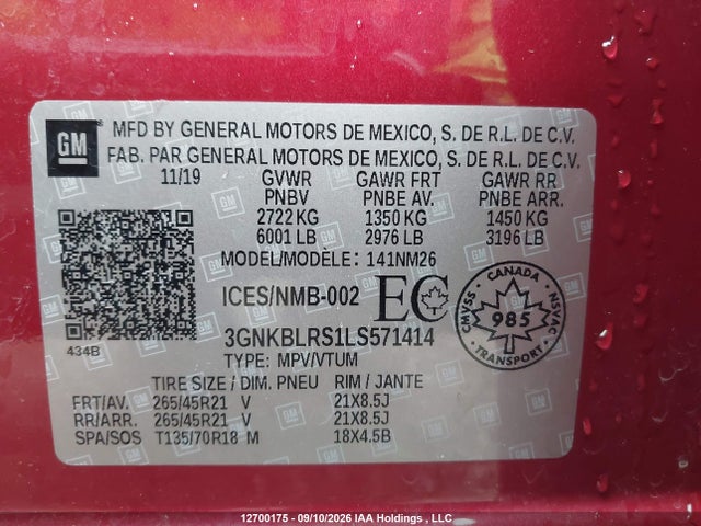 2020 Chevrolet Blazer Premier მანქანა იყიდება აუქციონზე, vin: 3GNKBLRS1LS571414, აუქციონის ნომერი: 12700175