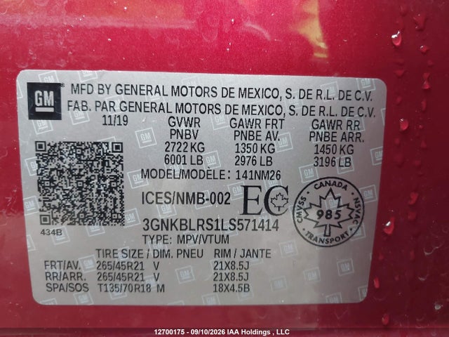 2020 Chevrolet Blazer Premier მანქანა იყიდება აუქციონზე, vin: 3GNKBLRS1LS571414, აუქციონის ნომერი: 12700175