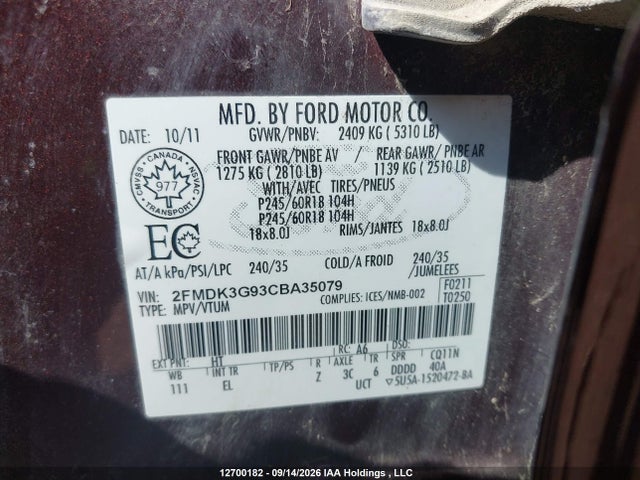 12700182 :رقم المزاد ، 2FMDK3G93CBA35079 vin ، 2012 Ford Edge Se مزاد بيع