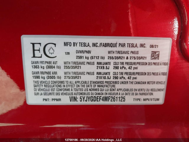 Aukcja sprzedaży 2021 Tesla Model Y, vin: 5YJYGDEF4MF261125, numer aukcji: 12700186