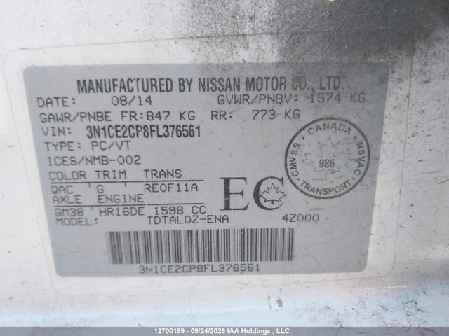 12700189 :رقم المزاد ، 3N1CE2CP8FL376561 vin ، 2015 Nissan Versa Note 1.6 S/1.6 Sl/1.6 Sr/1.6 Sv مزاد بيع