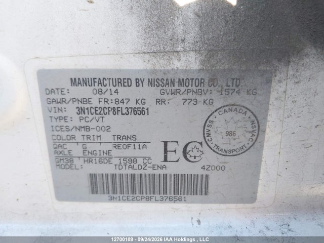 12700189 :رقم المزاد ، 3N1CE2CP8FL376561 vin ، 2015 Nissan Versa Note 1.6 S/1.6 Sl/1.6 Sr/1.6 Sv مزاد بيع