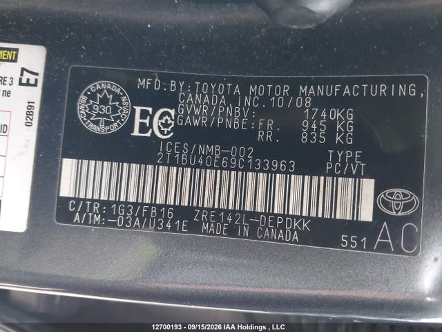 Продажа на аукционе авто 2009 Toyota Corolla, vin: 2T1BU40E69C133963, номер лота: 12700193