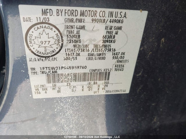 Продаж на аукціоні авто 2004 Ford F350 Srw Super Duty, vin: 1FTSW31P94EB59760, номер лоту: 12700195