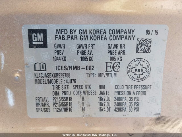 2019 Buick Encore მანქანა იყიდება აუქციონზე, vin: KL4CJASBXKB929788, აუქციონის ნომერი: 12700196