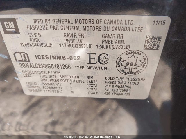 Chevrolet Equinox 2016 2GNALCEK8G6181266 Image 9