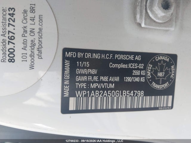 12700233 :رقم المزاد ، WP1AB2A50GLB54798 vin ، 2016 Porsche Macan S مزاد بيع
