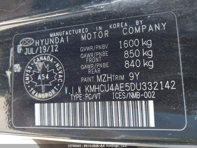 12700243 :رقم المزاد ، KMHCU4AE5DU332142 vin ، 2013 Hyundai Accent Gls مزاد بيع