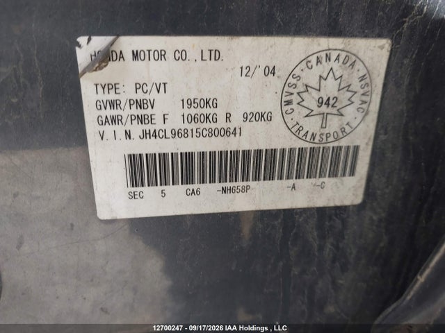 12700247 :رقم المزاد ، JH4CL96815C800641 vin ، 2005 Acura Tsx مزاد بيع