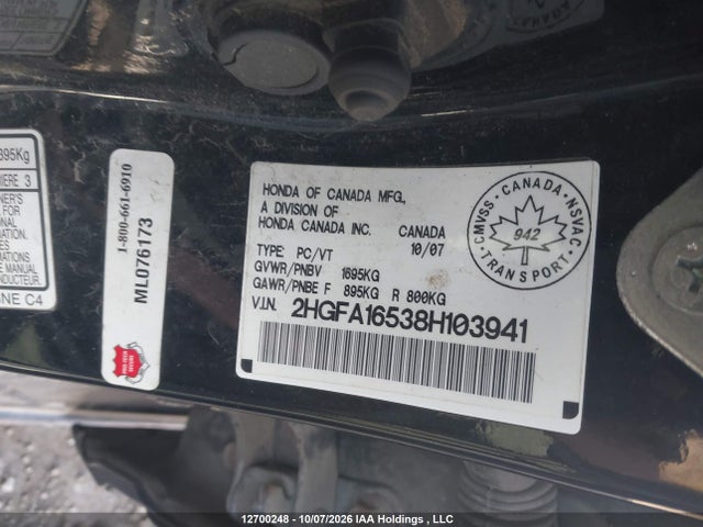 12700248 :رقم المزاد ، 2HGFA16538H103941 vin ، 2008 Honda Civic Lx مزاد بيع