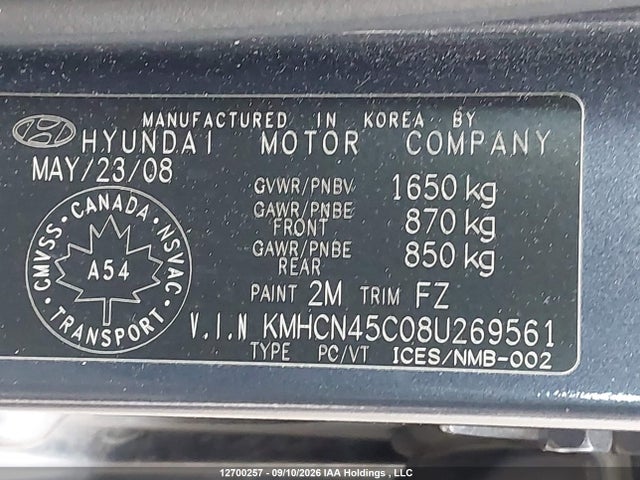 Продаж на аукціоні авто 2008 Hyundai Accent Gls, vin: KMHCN45C08U269561, номер лоту: 12700257