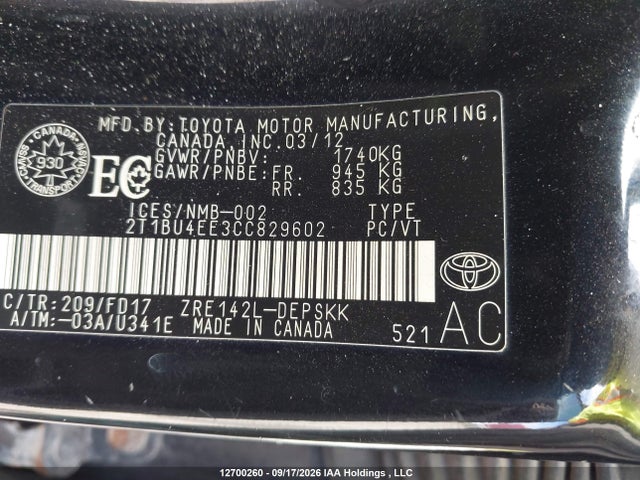 Продажа на аукционе авто 2012 Toyota Corolla S, vin: 2T1BU4EE3CC829602, номер лота: 12700260