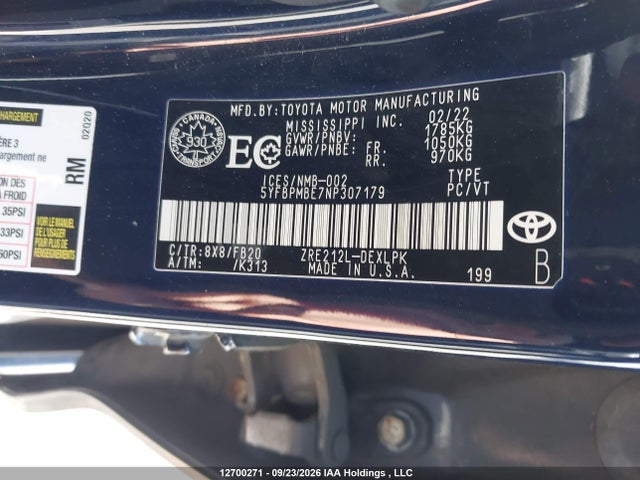 12700271 :رقم المزاد ، 5YFBPMBE7NP307179 vin ، 2022 Toyota Corolla مزاد بيع