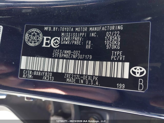 12700271 :رقم المزاد ، 5YFBPMBE7NP307179 vin ، 2022 Toyota Corolla مزاد بيع
