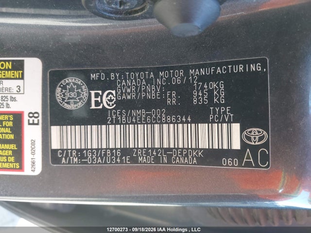 Продажа на аукционе авто 2012 Toyota Corolla S/le, vin: 2T1BU4EE6CC886344, номер лота: 12700273