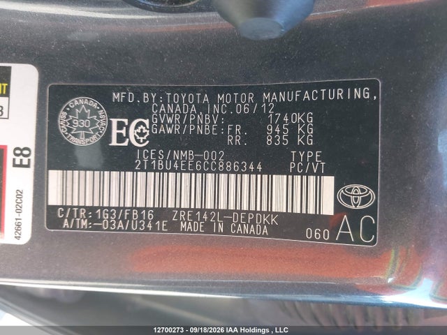 Продажа на аукционе авто 2012 Toyota Corolla S/le, vin: 2T1BU4EE6CC886344, номер лота: 12700273