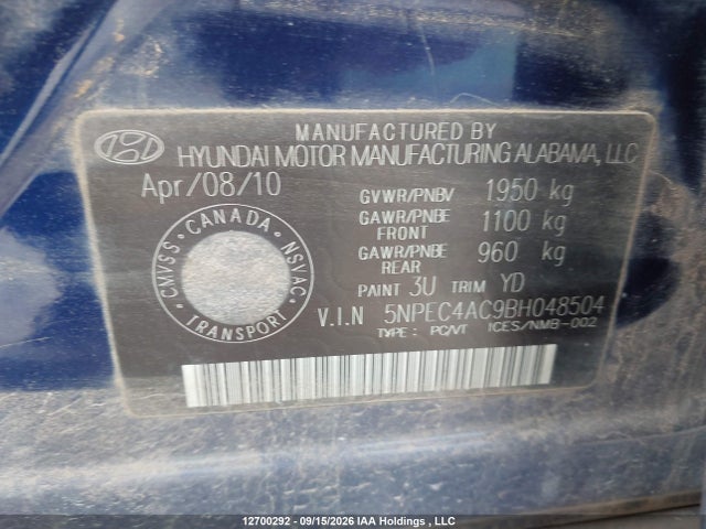 2011 Hyundai Sonata Limited მანქანა იყიდება აუქციონზე, vin: 5NPEC4AC9BH048504, აუქციონის ნომერი: 12700292