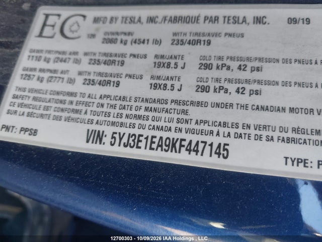Aukcja sprzedaży 2019 Tesla Model 3, vin: 5YJ3E1EA9KF447145, numer aukcji: 12700303
