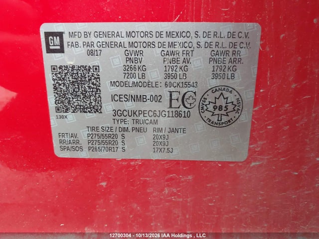 12700304 :رقم المزاد ، 3GCUKPEC6JG118610 vin ، 2018 Chevrolet Silverado K1500 Custom مزاد بيع