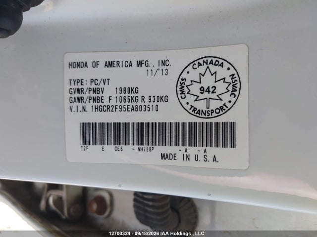 2014 Honda Accord Touring მანქანა იყიდება აუქციონზე, vin: 1HGCR2F95EA803510, აუქციონის ნომერი: 12700324