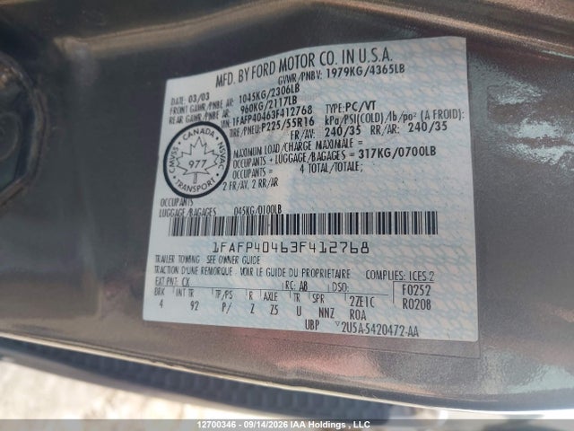 2003 Ford Mustang მანქანა იყიდება აუქციონზე, vin: 1FAFP40463F412768, აუქციონის ნომერი: 12700346