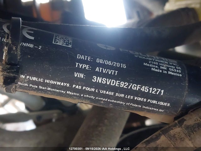 12700351 :رقم المزاد ، 3NSVDE927GF451271 vin ، 2016 Polaris Rzr Xp Turbo Eps مزاد بيع