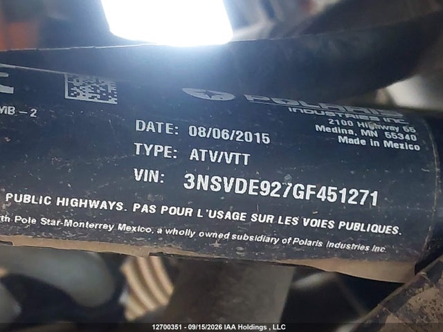 12700351 :رقم المزاد ، 3NSVDE927GF451271 vin ، 2016 Polaris Rzr Xp Turbo Eps مزاد بيع