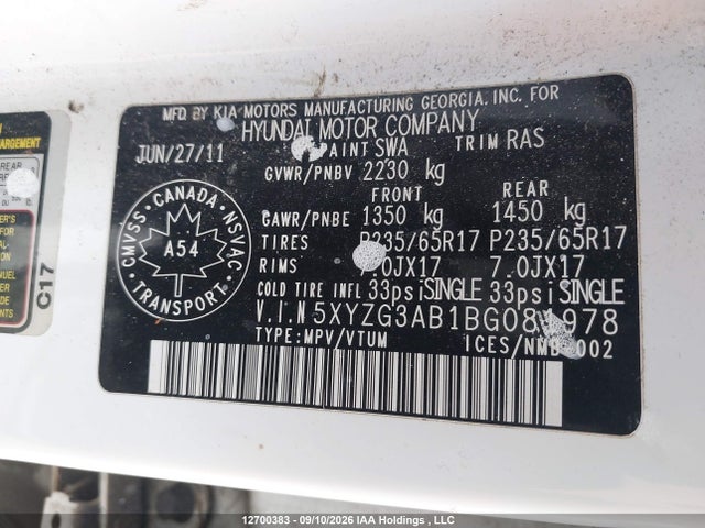 12700383 :رقم المزاد ، 5XYZG3AB1BG081978 vin ، 2011 Hyundai Santa Fe Gls مزاد بيع