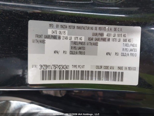2015 Mazda 3 Touring მანქანა იყიდება აუქციონზე, vin: 3MZBM1V75FM234341, აუქციონის ნომერი: 12700403
