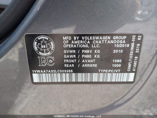 Продажа на аукционе авто 2020 Volkswagen Passat, vin: 1VWAA7A32LC003355, номер лота: 12700414