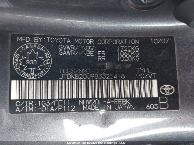 2008 Toyota Prius მანქანა იყიდება აუქციონზე, vin: JTDKB20U983325418, აუქციონის ნომერი: 12700420