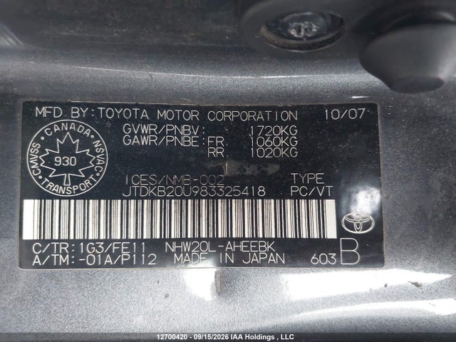 2008 Toyota Prius მანქანა იყიდება აუქციონზე, vin: JTDKB20U983325418, აუქციონის ნომერი: 12700420