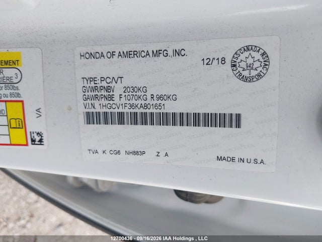 12700436 :رقم المزاد ، 1HGCV1F36KA801651 vin ، 2019 Honda Accord Sport مزاد بيع