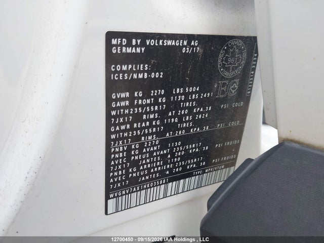 12700450 :رقم المزاد ، WVGNV7AX1HK035881 vin ، 2017 Volkswagen Tiguan Wolfsburg Edition مزاد بيع