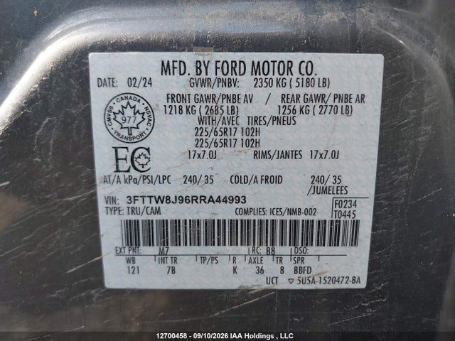 Aukcja sprzedaży 2024 Ford Maverick Xlt, vin: 3FTTW8J96RRA44993, numer aukcji: 12700458