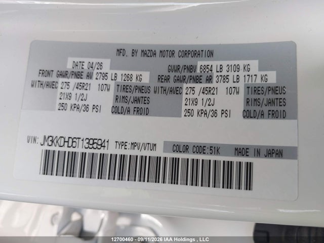 12700460 :رقم المزاد ، JM3KKDHD6T1395941 vin ، 2026 Mazda Cx-90 S-premium Sport مزاد بيع
