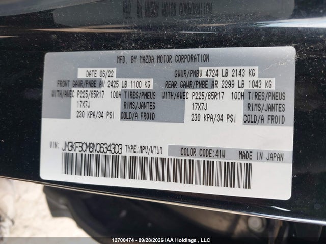 Auction sale of the 2022 Mazda Cx-5 Preferred, vin: JM3KFBCM8N0634303, lot number: 12700474