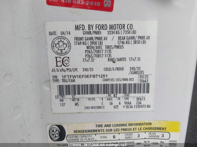 12700486 :رقم المزاد ، 1FTFW1EF0EFB71251 vin ، 2014 Ford F150 Supercrew مزاد بيع