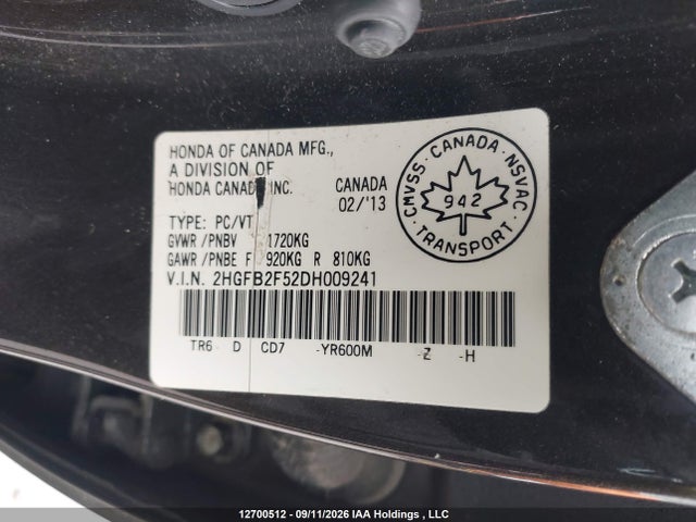 Aukcja sprzedaży 2013 Honda Civic, vin: 2HGFB2F52DH009241, numer aukcji: 12700512