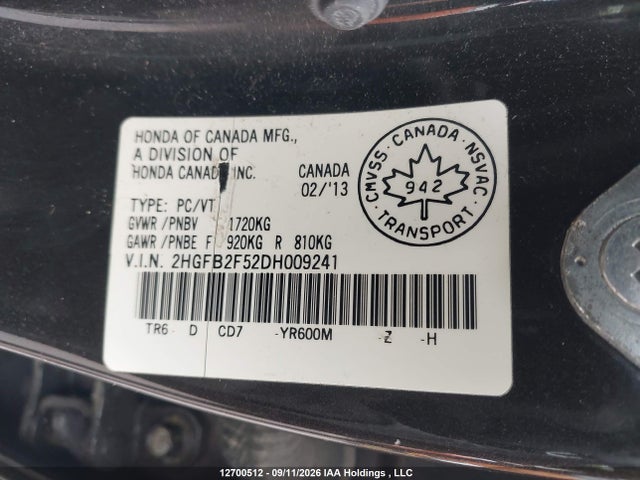 Aukcja sprzedaży 2013 Honda Civic, vin: 2HGFB2F52DH009241, numer aukcji: 12700512