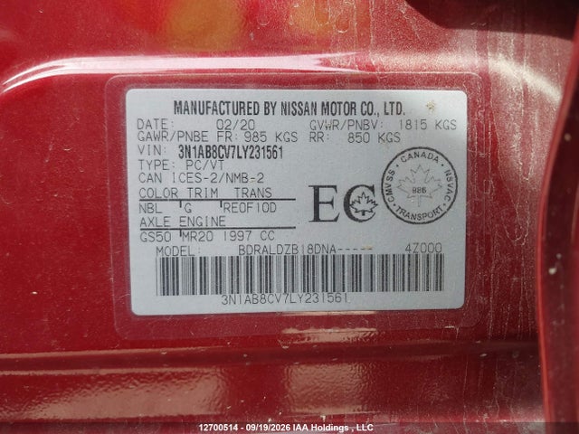 12700514 :رقم المزاد ، 3N1AB8CV7LY231561 vin ، 2020 Nissan Sentra مزاد بيع