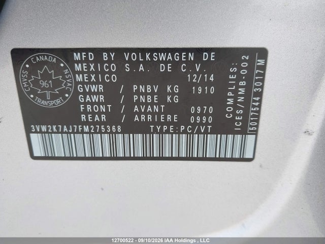 Продаж на аукціоні авто 2015 Volkswagen Jetta 2.0l Trendline/2.0l Trendline+, vin: 3VW2K7AJ7FM275368, номер лоту: 12700522