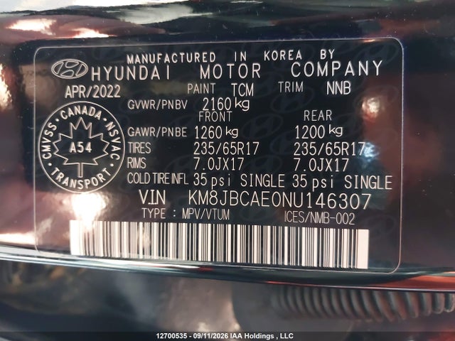 Продаж на аукціоні авто 2022 Hyundai Tucson Essential Awd, vin: KM8JBCAE0NU146307, номер лоту: 12700535