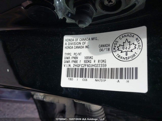 Aukcja sprzedaży 2018 Honda Civic Se, vin: 2HGFC2F60JH022359, numer aukcji: 12700541