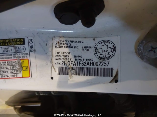 12700552 :رقم المزاد ، 2HGFA1F62AH002257 vin ، 2010 Honda Civic Lx-s مزاد بيع