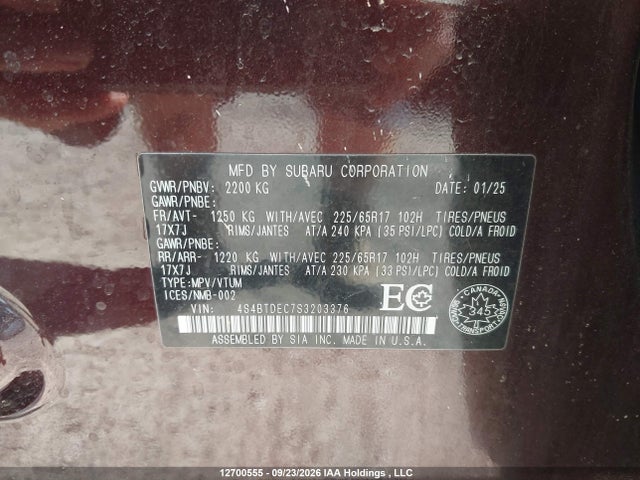 2025 Subaru Outback Touring მანქანა იყიდება აუქციონზე, vin: 4S4BTDEC7S3203376, აუქციონის ნომერი: 12700555